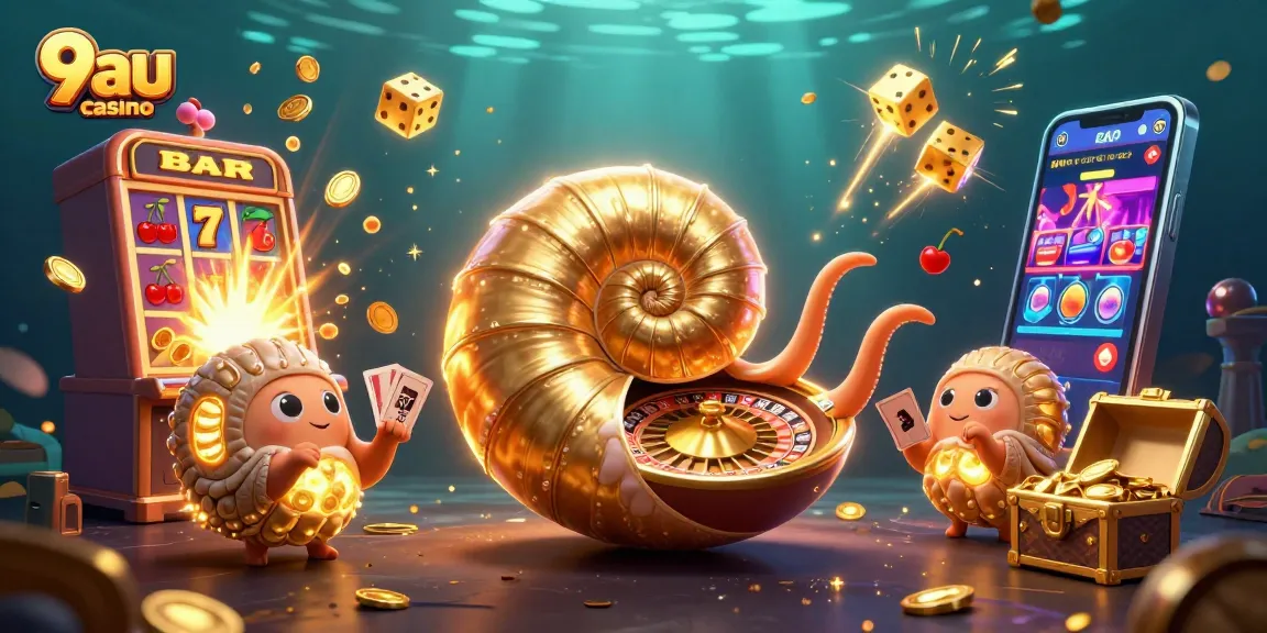 Experience the thrilling action of 9au casino with vibrant slot machines and golden nautilus characters.