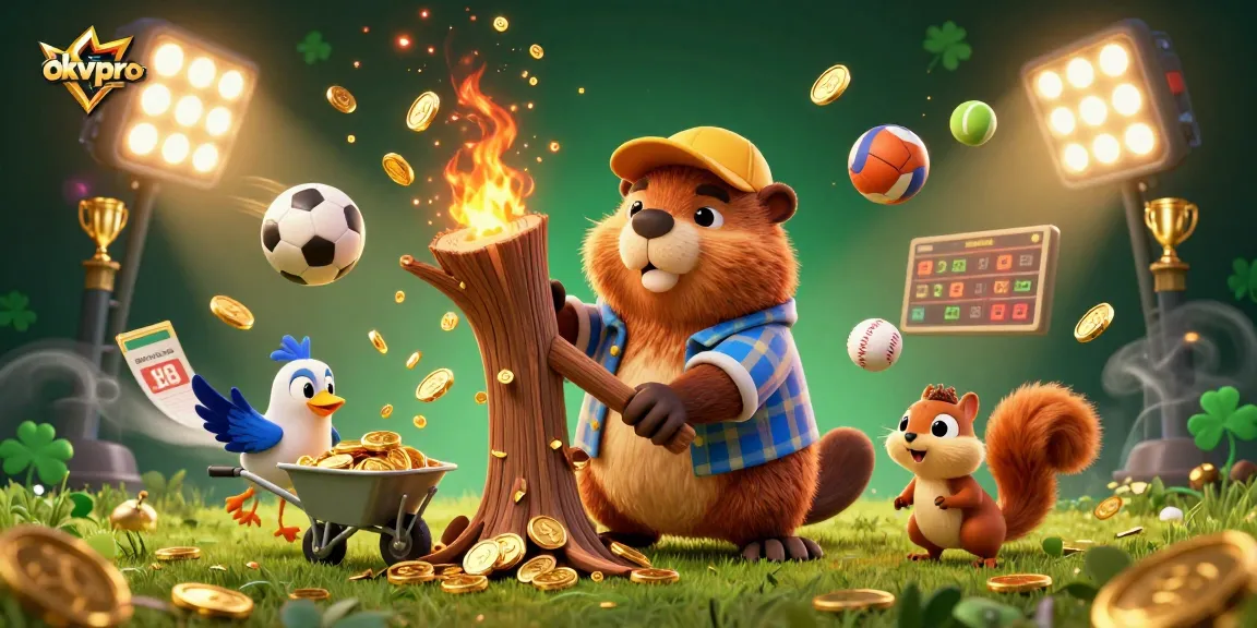 Join the excitement at okvipro with a lively scene of gaming fun, featuring dynamic 3D characters surrounded by sports elements and golden rewards.