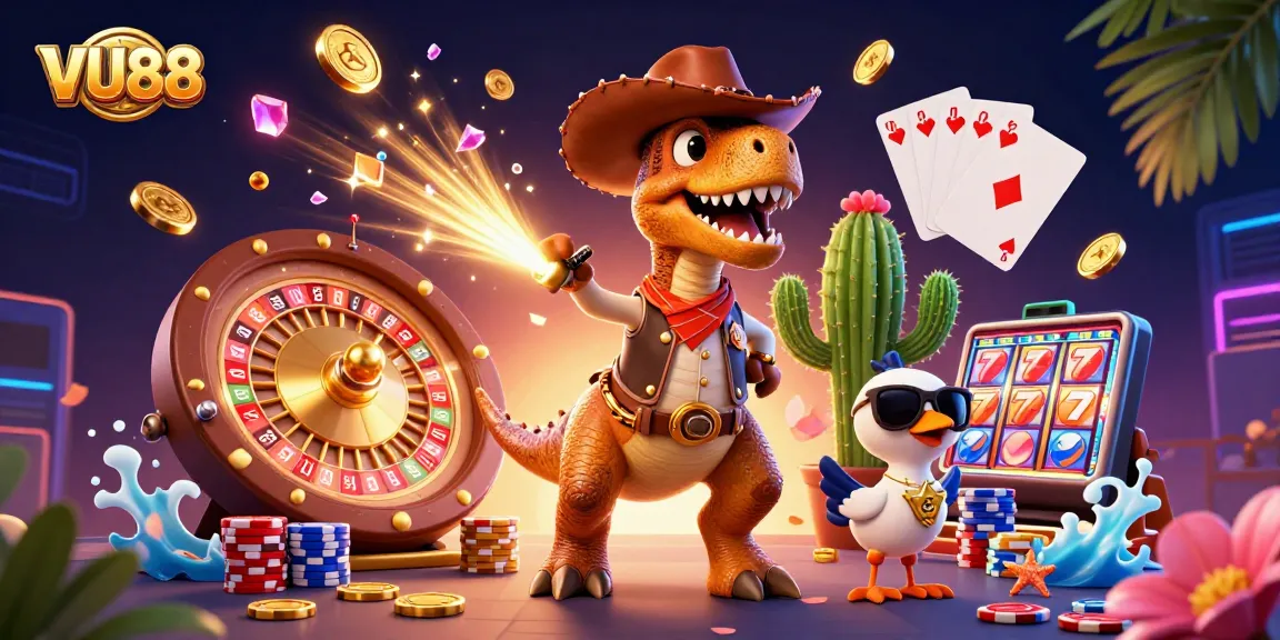Experience the excitement of VU88 casino with dynamic characters and vibrant gaming elements.