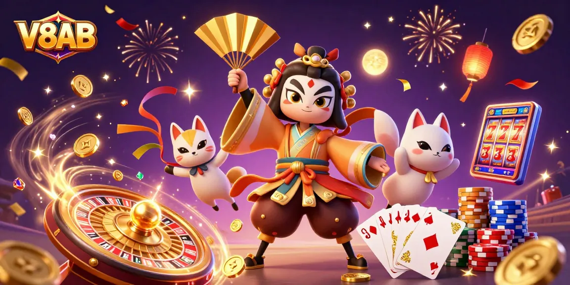 Experience the thrill of V8AB with a vibrant 3D scene of casino excitement featuring dynamic characters and elements.