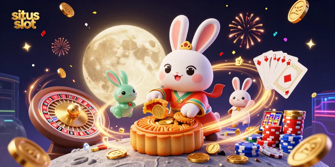 Menang besar di situs slot dengan chip poker dan simbol keberuntungan di latar bulan.