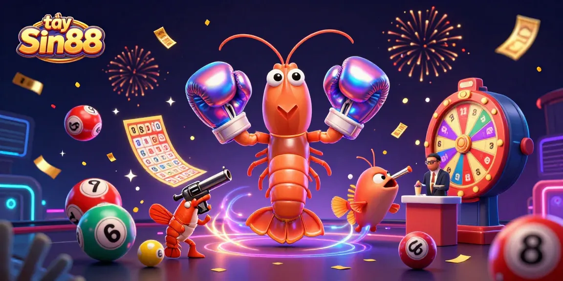 Celebrate winning moments tại Sin88 with lottery balls, golden tickets, and energetic sea creatures!