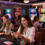 Players enjoying 20 free spins on registration no deposit at a vibrant online casino, surrounded by excited energy and slot graphics.
