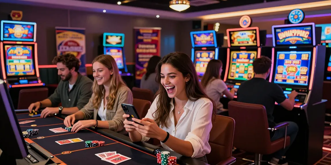 Players enjoying 20 free spins on registration no deposit at a vibrant online casino, surrounded by excited energy and slot graphics.