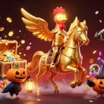 Shbet's golden rooster mascot rides a spectral horse through a vibrant casino scene filled with intrigue.