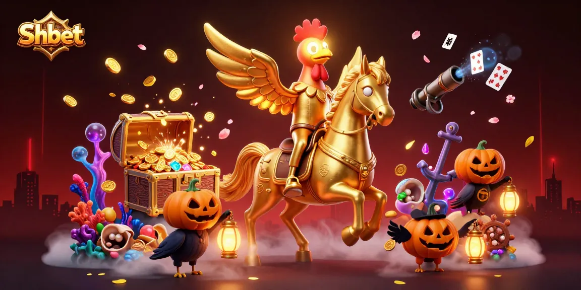 Shbet's golden rooster mascot rides a spectral horse through a vibrant casino scene filled with intrigue.