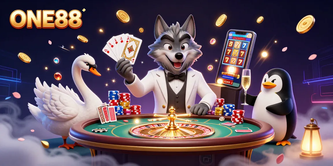 Engage with the dynamic ONE88 casino experience featuring a sophisticated wolf, elegant swan, and penguin sommelier