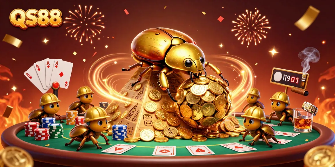 Experience the excitement at QS88 with golden coins and card games in this energetic 3D illustration.