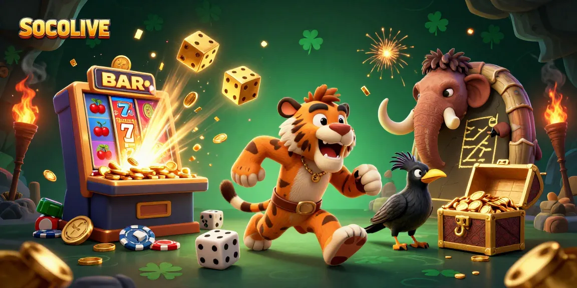 SOCOLIVE brings excitement to players with a vibrant prehistoric casino scene filled with jackpots and game elements.