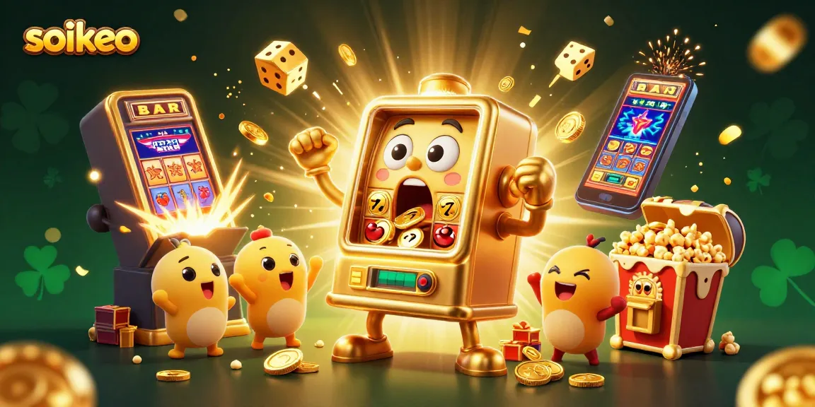 Engage with soikeo's dynamic casino scene featuring a jackpot-winning golden slot machine amidst a celebration of coins and colorful game elements.