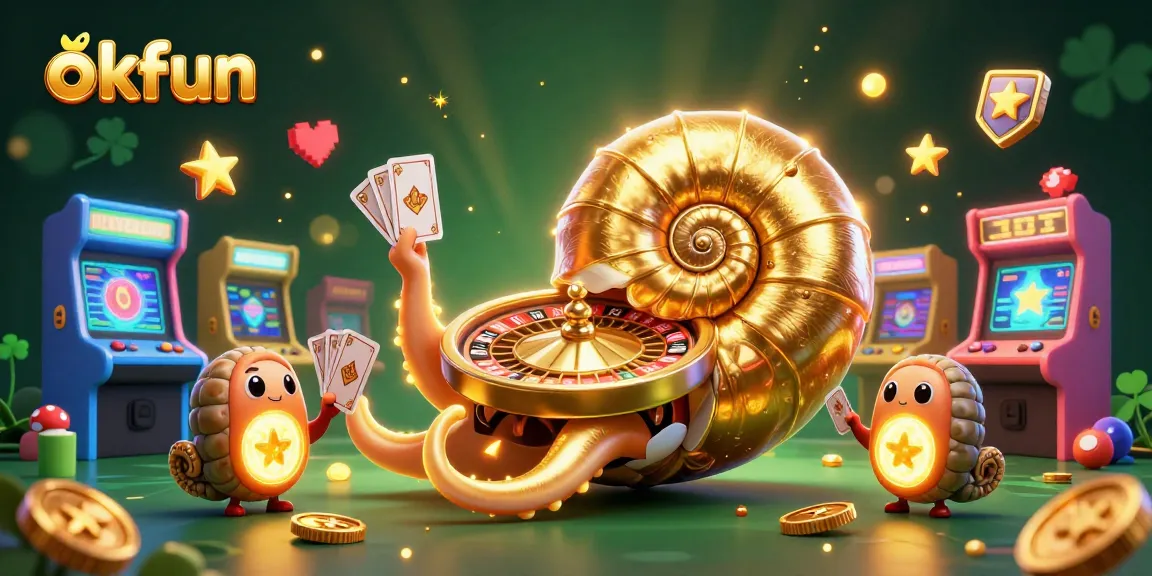 Drawing players’ attention at okfun, a giant nautilus roulette with cards showcases vibrant casino gaming.