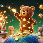 Sparkle with bk8 as the constellation bear gathers coins while slot machine bursts with winnings in a magical scene.