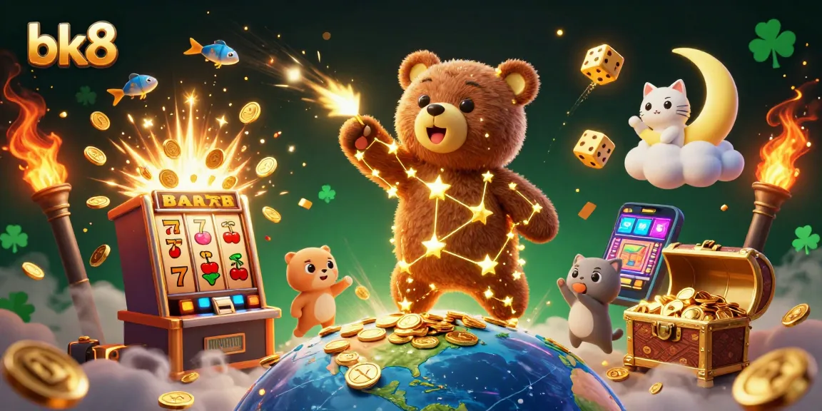 Sparkle with bk8 as the constellation bear gathers coins while slot machine bursts with winnings in a magical scene.