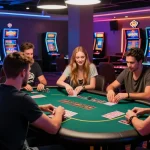 Exciting gaming scene at 78win casino with friends playing poker surrounded by vibrant lights and slot machines.