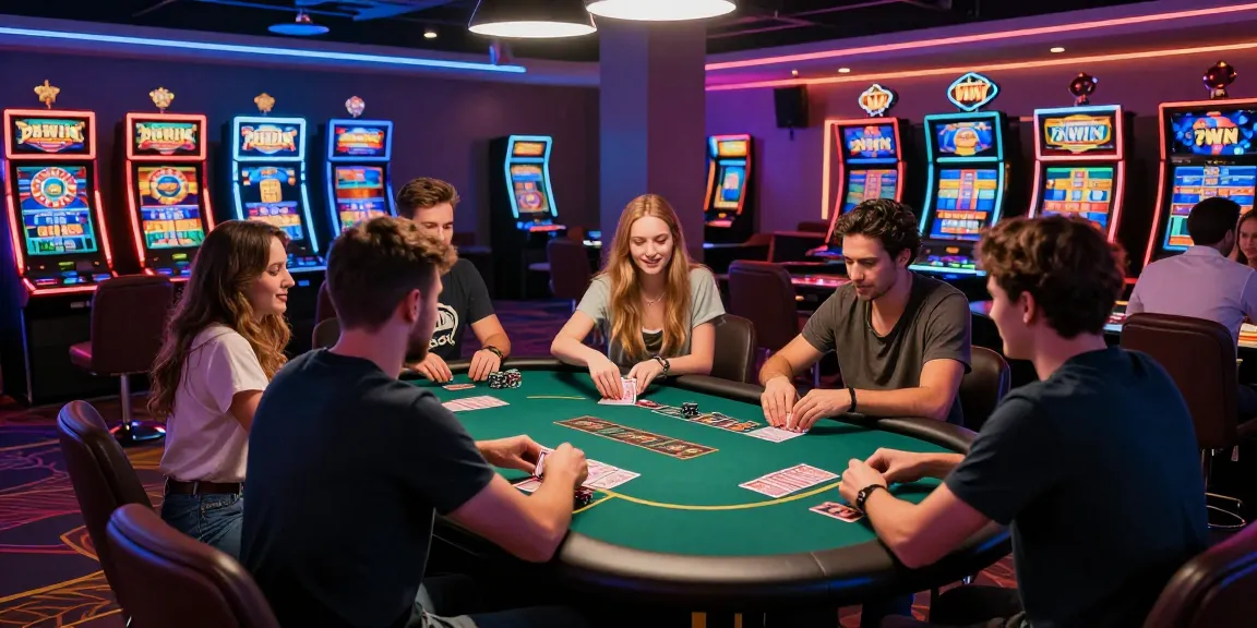 Exciting gaming scene at 78win casino with friends playing poker surrounded by vibrant lights and slot machines.