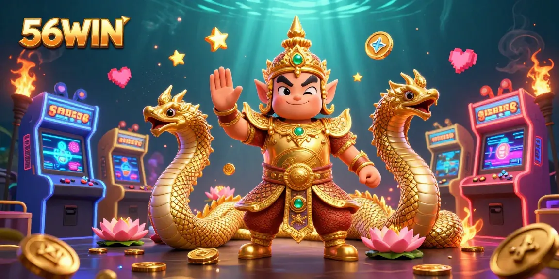 Experience the excitement at 56WIN, featuring a vibrant 3D scene of gaming delights and casino charm.