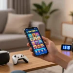 Engaging mobile gaming with Slot7000 app showcased in cozy living room setup.