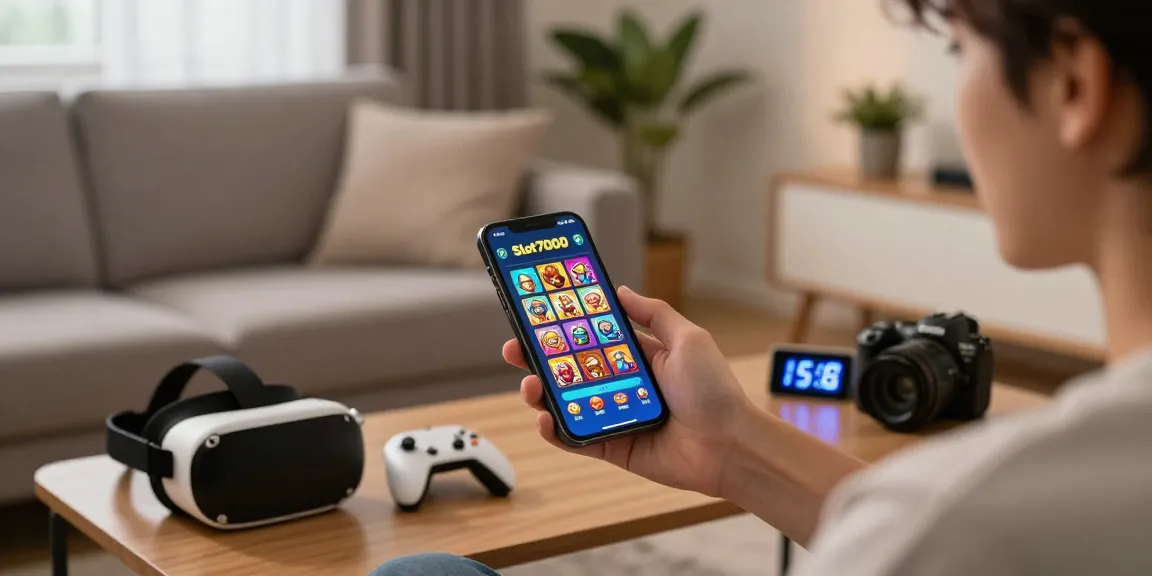 Engaging mobile gaming with Slot7000 app showcased in cozy living room setup.