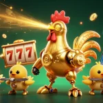Experience mb88's exciting slots with a dynamic illustration of a golden rooster robot and its chick drones.
