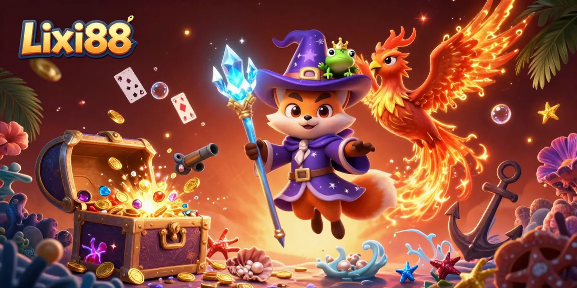 Lixi88 showcases vibrant 3D casino adventure with a wizard, phoenix, and treasure elements.