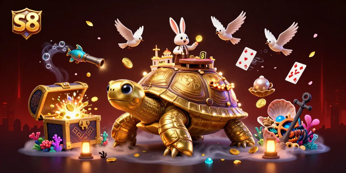 Experience winning at S8 with a vibrant 3D casino scene featuring a golden tortoise and lively game elements.