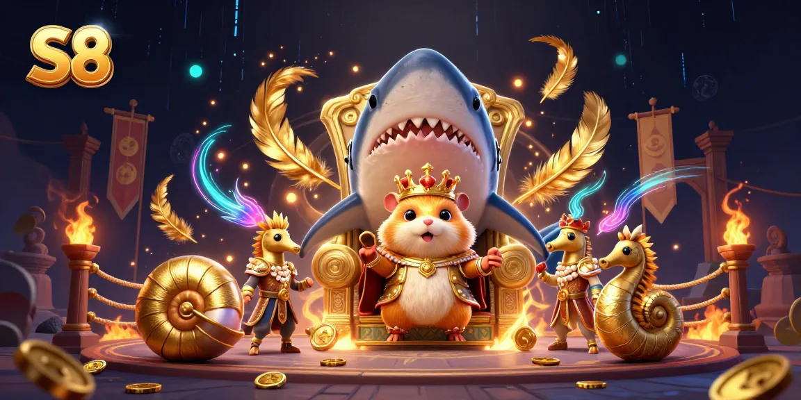 S8 features a fierce hamster king on a megalodon throne, surrounded by gambling elements and vibrant decorations.