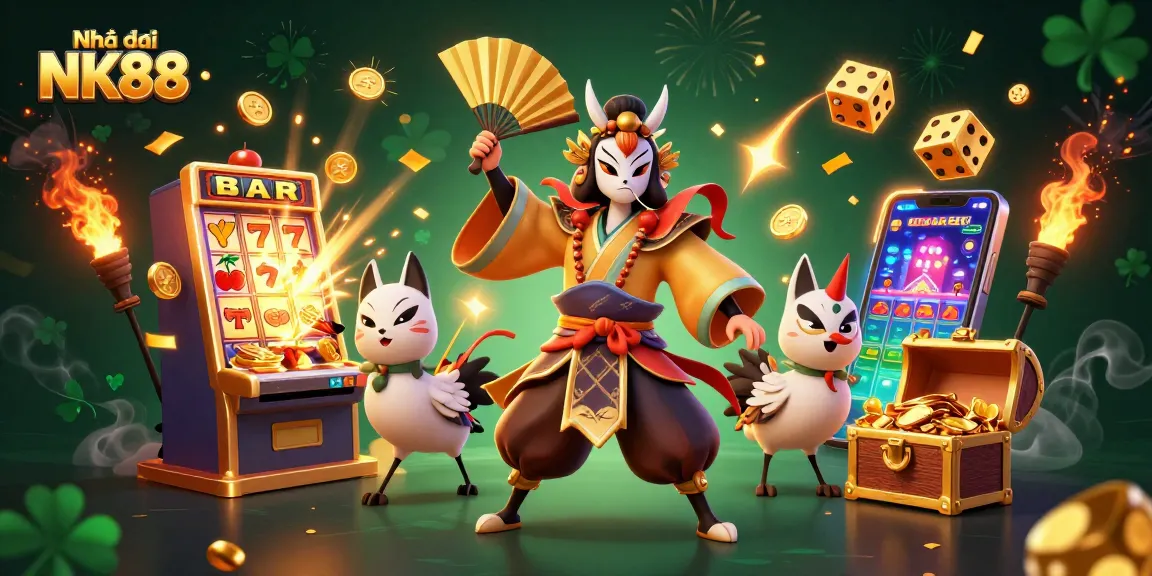Experience the thrill with Nhà cái NK88, featuring dynamic action and vibrant casino elements in a 3D illustration.