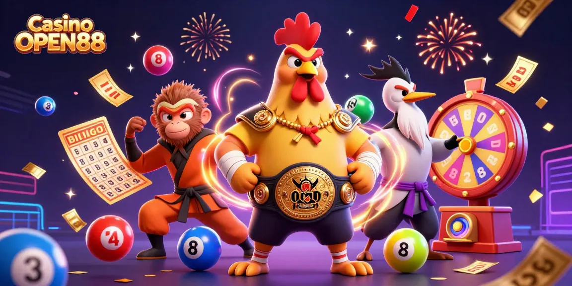 Engage in thrilling gameplay at Casino OPEN88 with exciting characters and vibrant lottery elements.