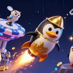 A vibrant illustration of agen judi bola with a golden penguin racing towards a casino space station surrounded by crypto elements.