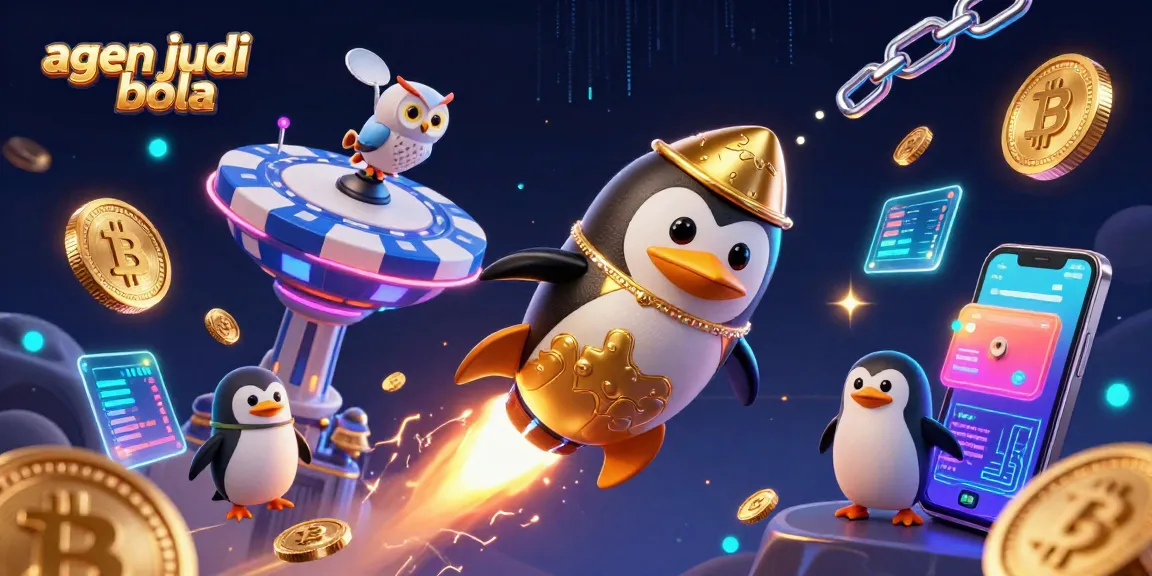 A vibrant illustration of agen judi bola with a golden penguin racing towards a casino space station surrounded by crypto elements.