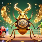 Experience the excitement of mobamonster with this vibrant illustration capturing a golden beetle boxing match in a casino setting.
