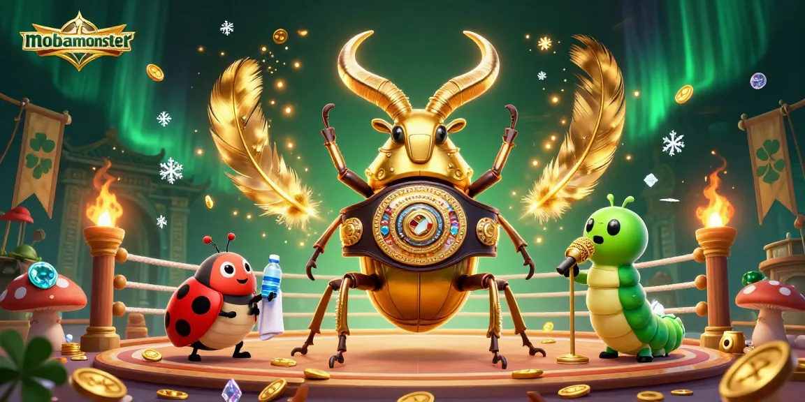 Experience the excitement of mobamonster with this vibrant illustration capturing a golden beetle boxing match in a casino setting.