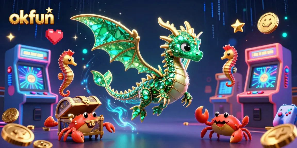 Play thrilling games at okfun with a majestic dragon guarding treasure, glowing arcade elements scattered around.