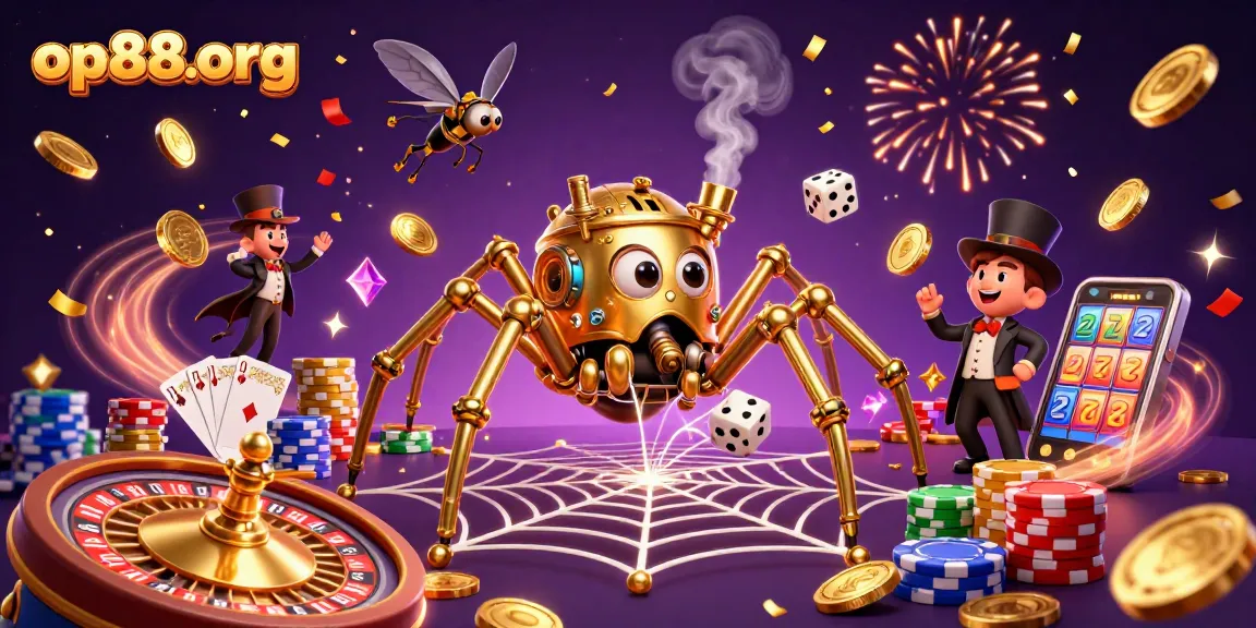 Engage with top-notch poker action at op88org, featuring vibrant 3D casino elements like golden coins and roulette wheels.