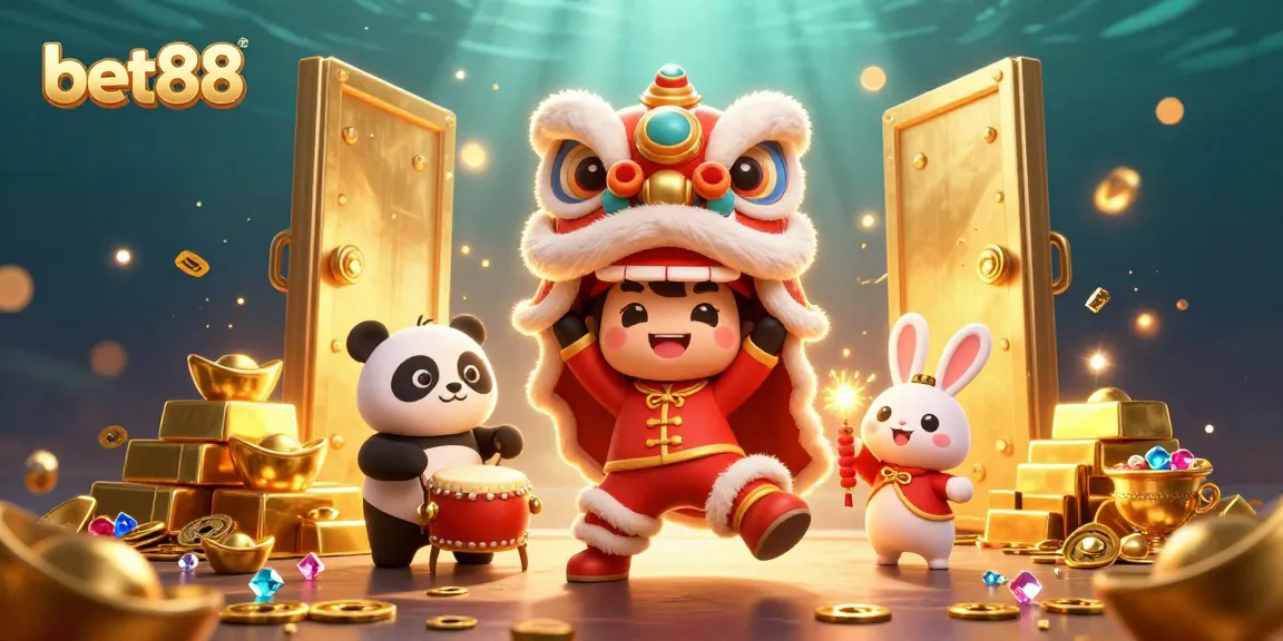 Bet88 rewards gamblers with vibrant treasures and characters in a lively casino scene.