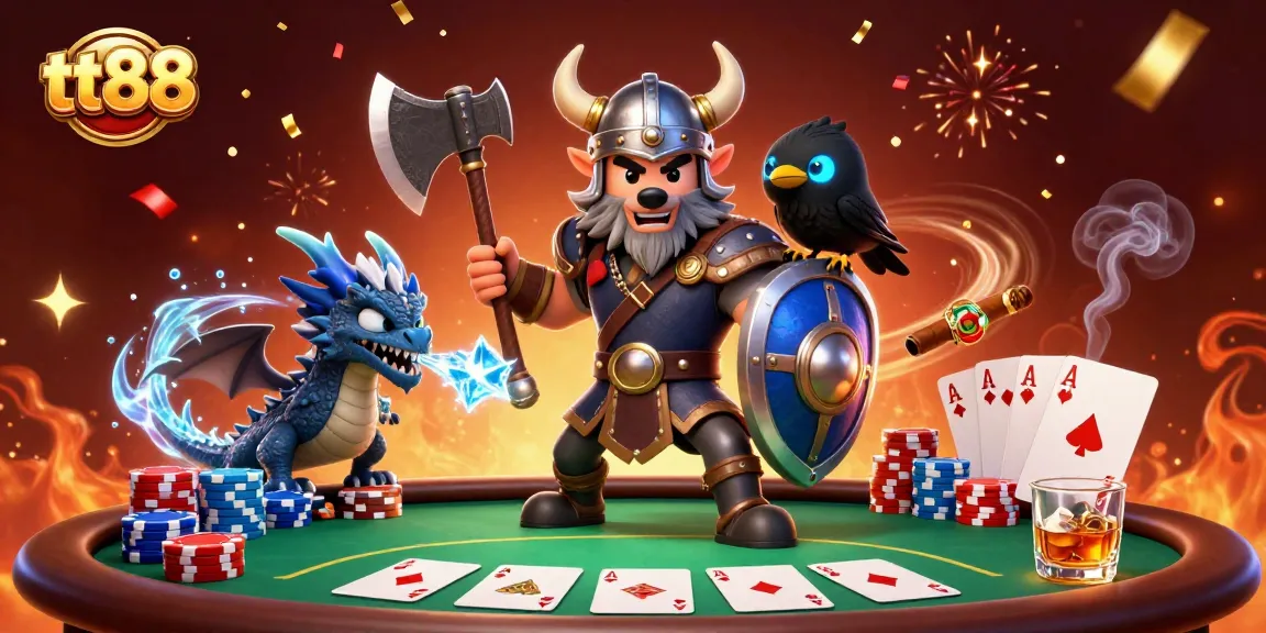 Engage in the thrilling world of tt88 with a Viking wolf warrior, dragon, and lively poker scene.