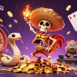 868vip presents a vibrant scene with a mariachi rooster dancing on golden coins amidst cascading gems and casino elements.