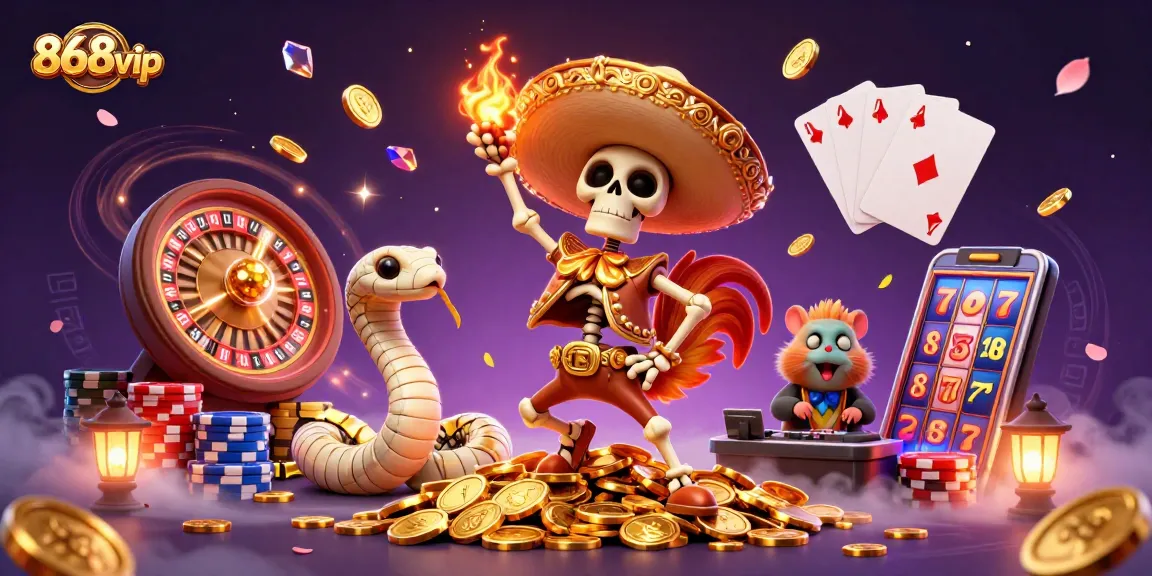 868vip presents a vibrant scene with a mariachi rooster dancing on golden coins amidst cascading gems and casino elements.