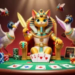 Engage with MAN88's top-notch online casino experience featuring a royal pharaoh cat and vibrant poker showdown.