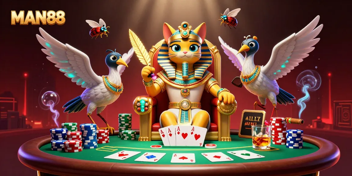 Engage with MAN88's top-notch online casino experience featuring a royal pharaoh cat and vibrant poker showdown.