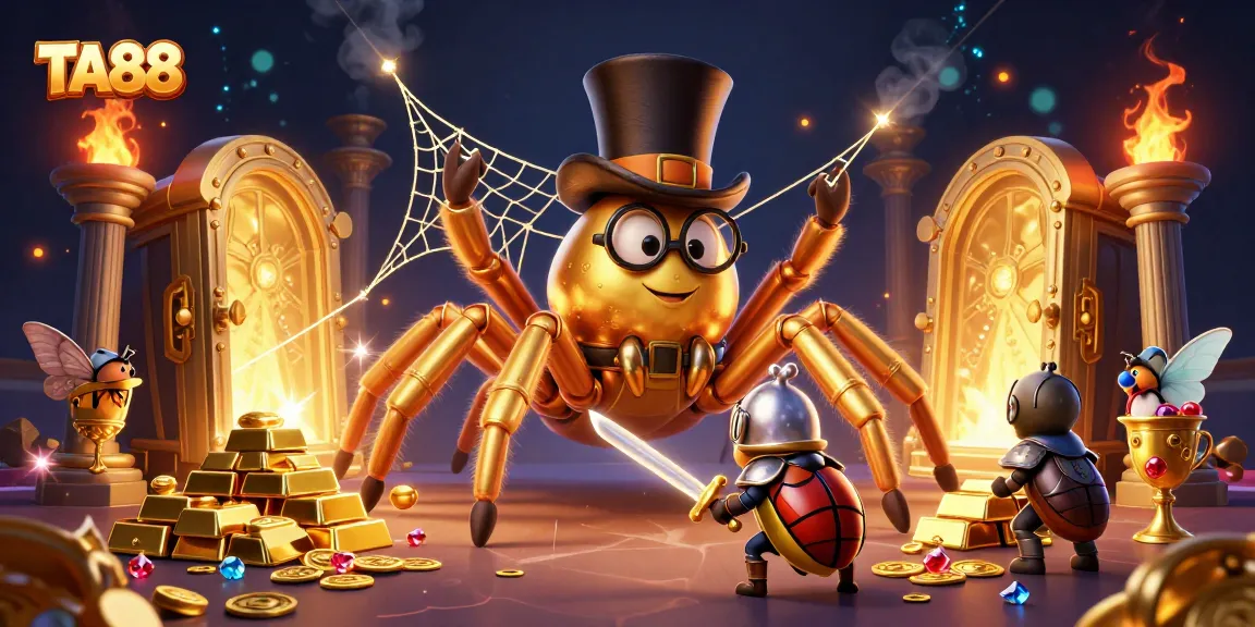 TA88 showcases a vibrant 3D illustration of a golden tarantula weaving casino magic, captivating gamblers.