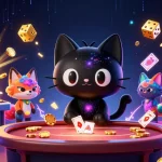Join the excitement at f8beta2 casino with a black hole cat pulling in chips amidst animated gaming elements.