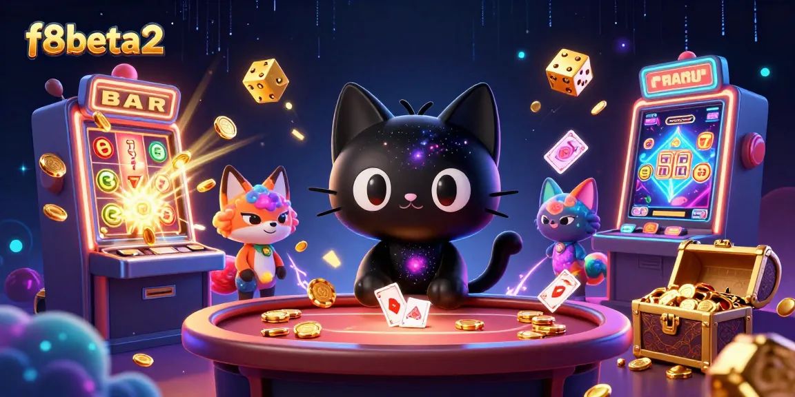 Join the excitement at f8beta2 casino with a black hole cat pulling in chips amidst animated gaming elements.