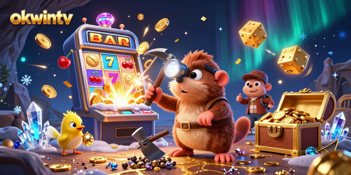 Join the treasure hunter mole from okwintv in a vibrant casino adventure with 3D slot machines and glowing gems.