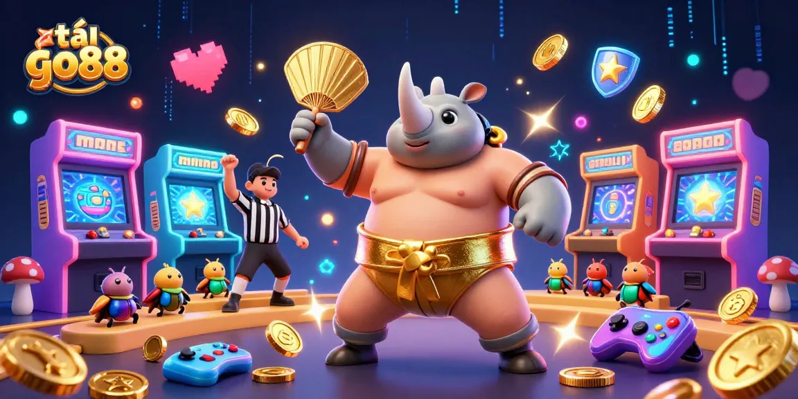 Engage with the thrilling atmosphere as you tải go88, featuring a sumo beetle amidst vibrant casino elements.