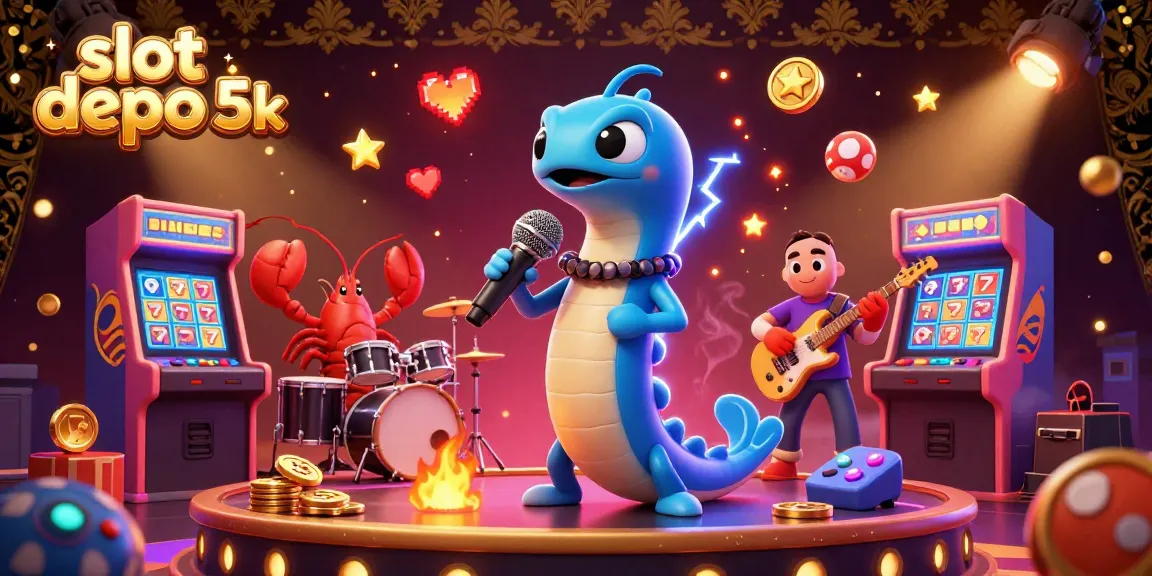Immerse in the fun of slot depo 5k with an electric eel DJ surrounded by vibrant casino elements.