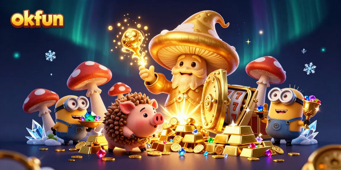 Engage with the magic of okfun as the golden wizard turns treasures into gold in an enchanting casino scene.