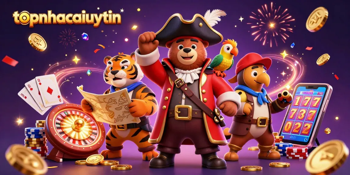 Engage in thrilling gameplay with topnhacaiuytin featuring a pirate captain bear, an energetic tiger, and treasure.