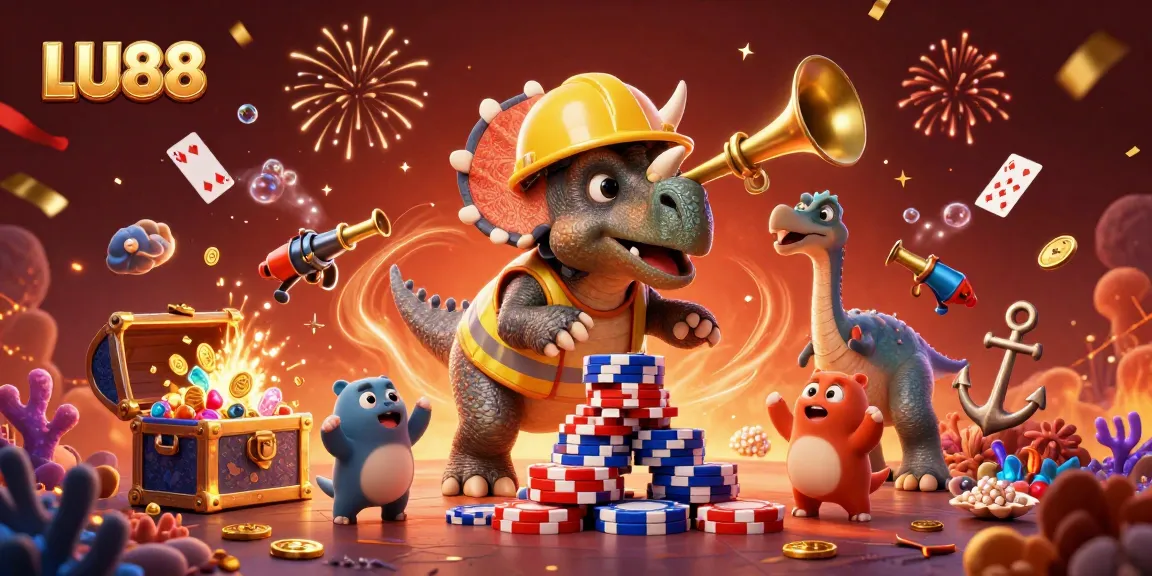 LU88 showcases an exciting celebration with a triceratops building poker chips amidst vibrant gambling elements.
