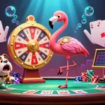 Engage with exciting gameplay visuals showcasing the Idea Bash blog's vibrant casino theme, featuring a flamingo host, bulldog contestant, and scoreboard cat assistant.